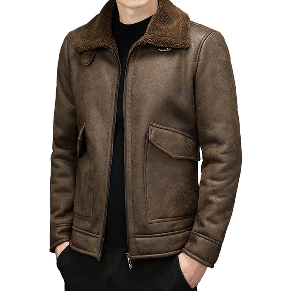Men's Vintage Distressed Brown Genuine Sheepskin Leather Jacket - Sherpa Lined Winter Jacket