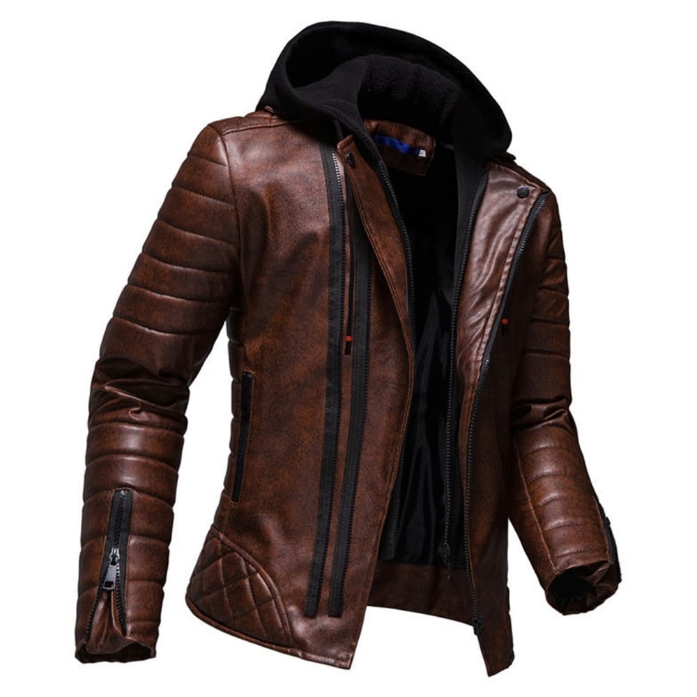 Men's Vintage Distressed Brown Genuine Sheepskin Biker Jacket - Hooded Quilted Asymmetric Motorcycle Leather Jacket