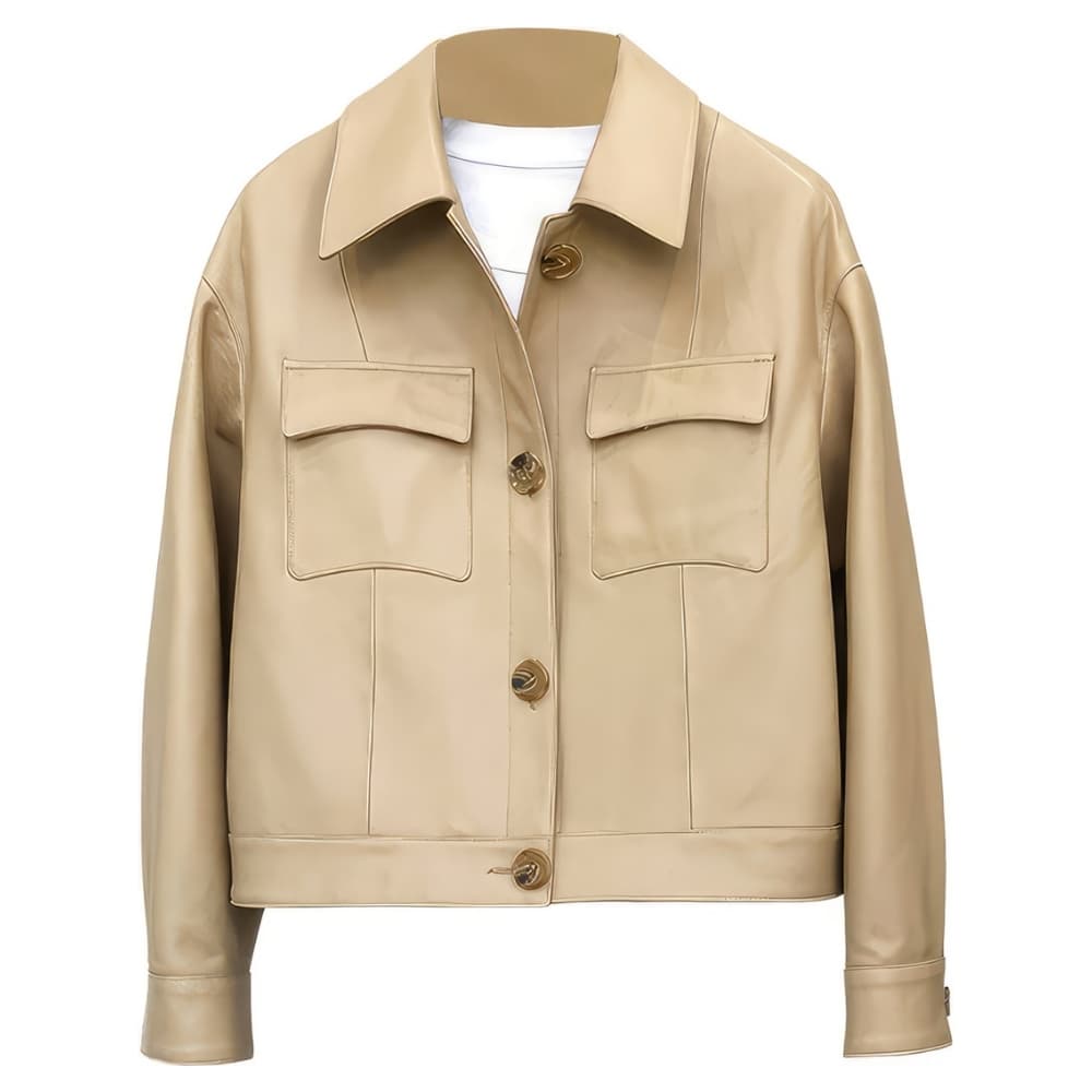 Women's Brown Genuine Lambskin Leather Coat - Short Shirt Collar Lightweight Casual Winter Jacket
