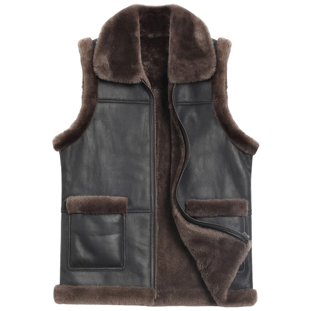 Men's Coffee Brown Genuine Sheepskin Leather Vest - Sherpa Lined Winter Sleeveless Waistcoat