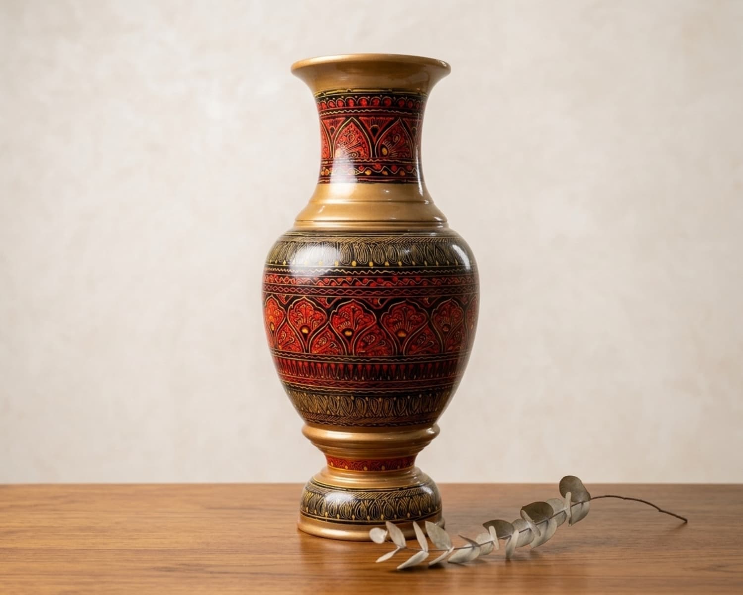 Handcrafted Wooden Naqshi Vase - Traditional Naqshi Art - Decorative Wood Vase - 11 Inch
