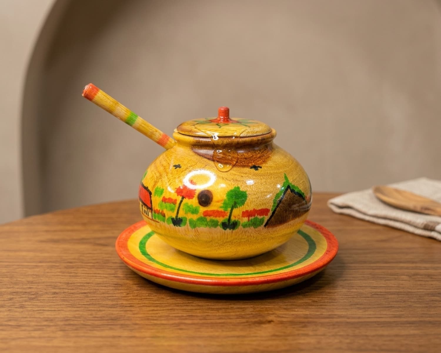 Hand-Painted Sheesham Wood Sugar Pot - Handcrafted Wooden Sugar Container
