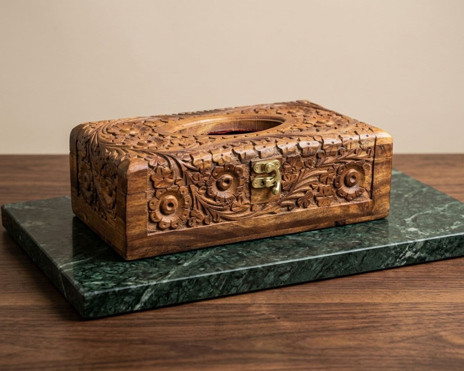 Handcrafted Wooden Tissue Box - Full Carving Design - Decorative Tissue Holder with Red Interior